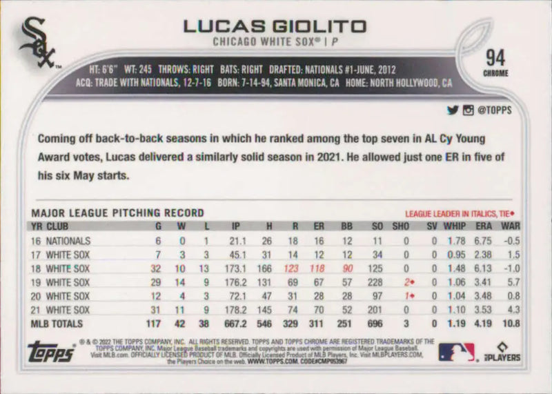 2022 Topps Chrome #94 Lucas Giolito NM-MT Chicago White Sox Baseball Card - Baseball Card Single