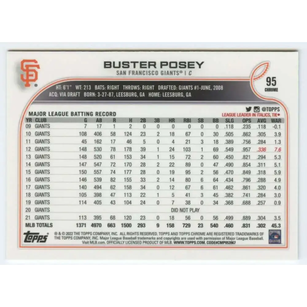 2022 Topps Chrome #95 Buster Posey NM-MT San Francisco Giants Baseball Card - Baseball Card Single