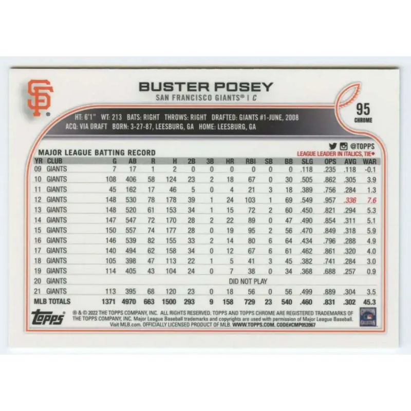 2022 Topps Chrome #95 Buster Posey NM-MT San Francisco Giants Baseball Card - Baseball Card Single