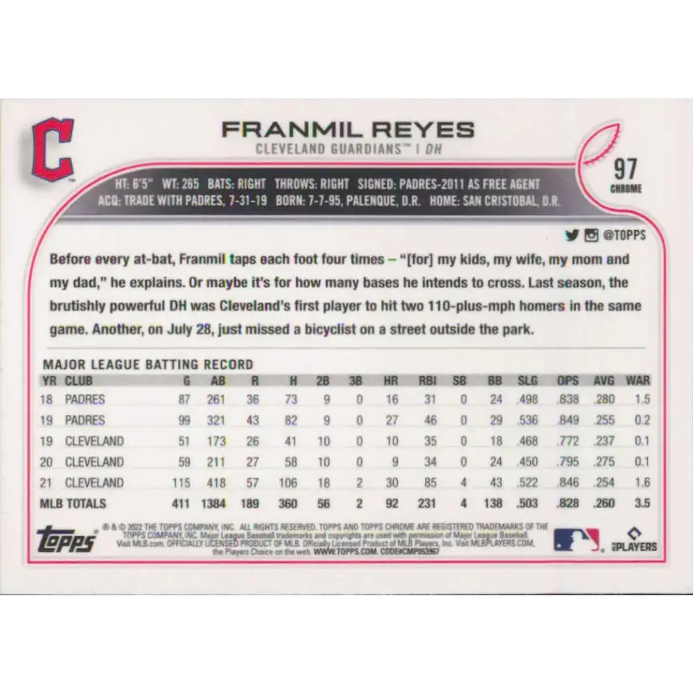 2022 Topps Chrome #97 Franmil Reyes NM-MT Cleveland Guardians Baseball Card - Baseball Card Single