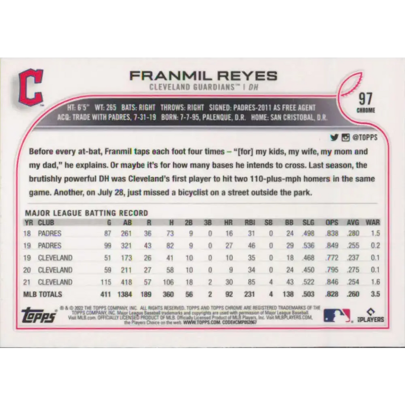 2022 Topps Chrome #97 Franmil Reyes NM-MT Cleveland Guardians Baseball Card - Baseball Card Single
