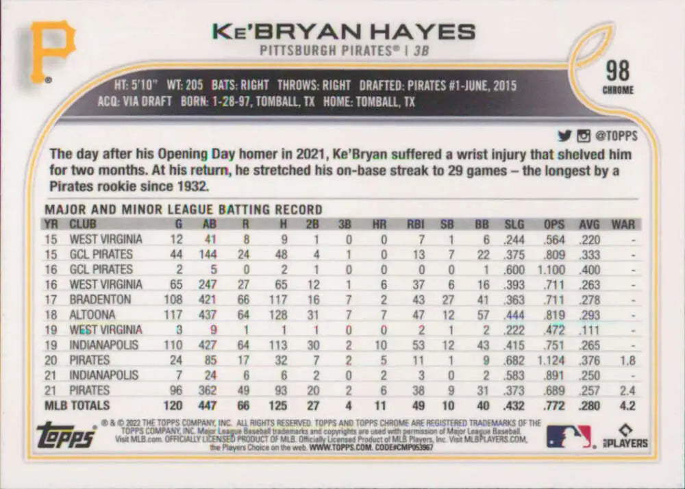 2022 Topps Chrome #98 Ke’Bryan Hayes NM-MT Pittsburgh Pirates Baseball Card