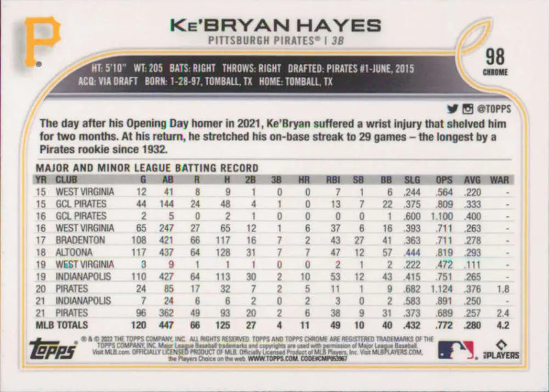 2022 Topps Chrome #98 Ke’Bryan Hayes NM-MT Pittsburgh Pirates Baseball Card