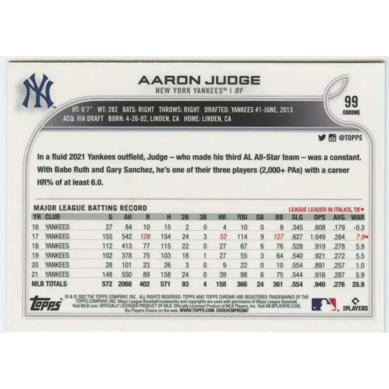 2022 Topps Chrome #99 Aaron Judge NM-MT New York Yankees Baseball Card - Baseball Card Single