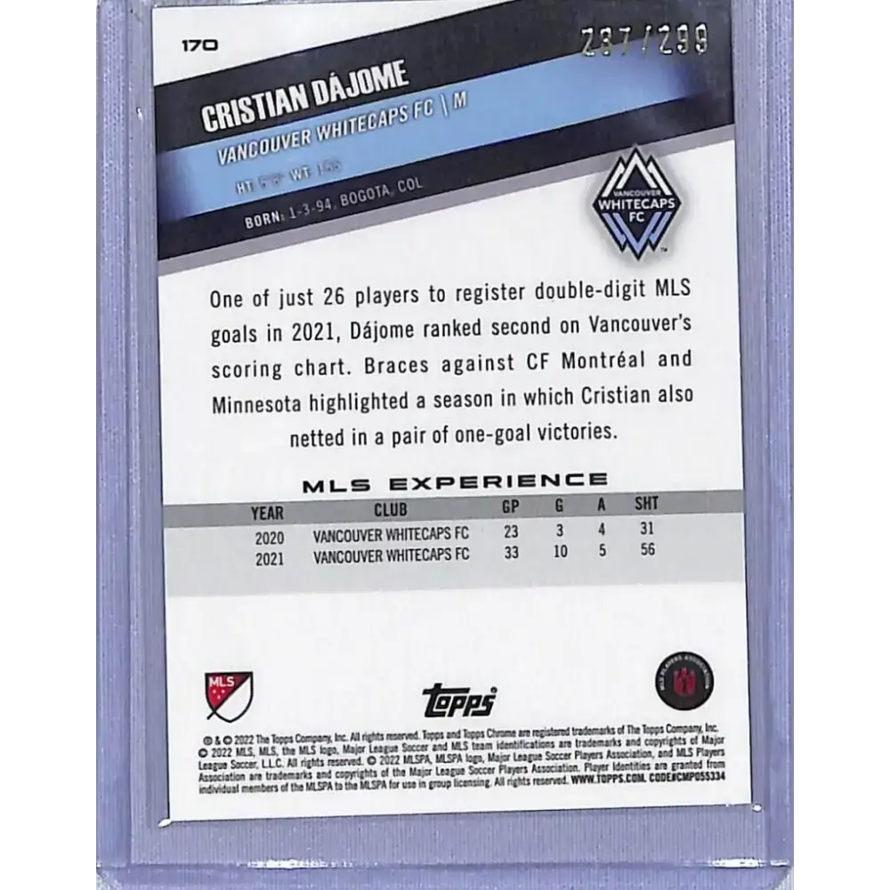 2022 Topps Chrome Aqua #170 Cristian Dajome NM-MT 287/299 Vancouver Whitecaps FC - Soccer Card Single