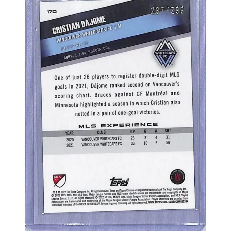2022 Topps Chrome Aqua #170 Cristian Dajome NM-MT 287/299 Vancouver Whitecaps FC - Soccer Card Single