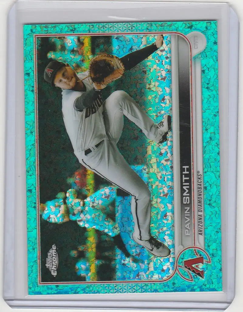 2022 Topps Chrome Aqua card of Pavin Smith Arizona with pitcher on teal sparkly background