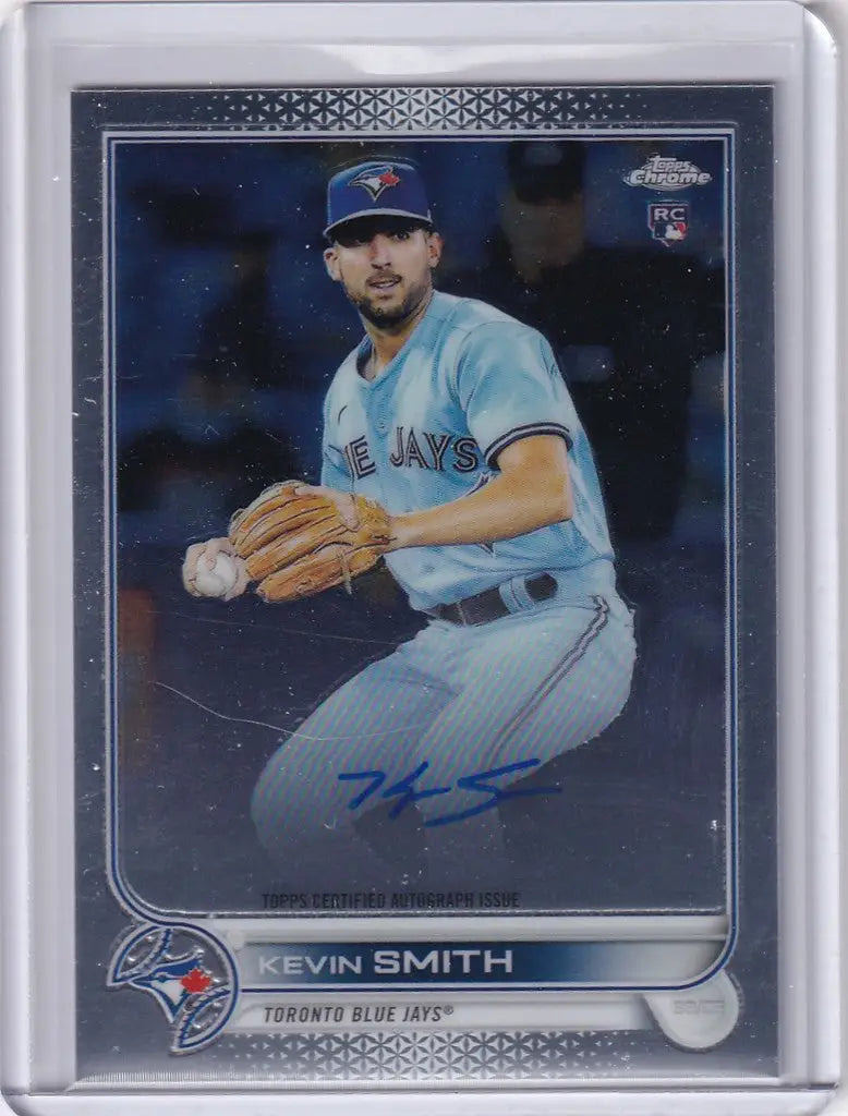 Baseball card of Kevin Smith in light blue uniform from 2022 Topps Chrome Auto series