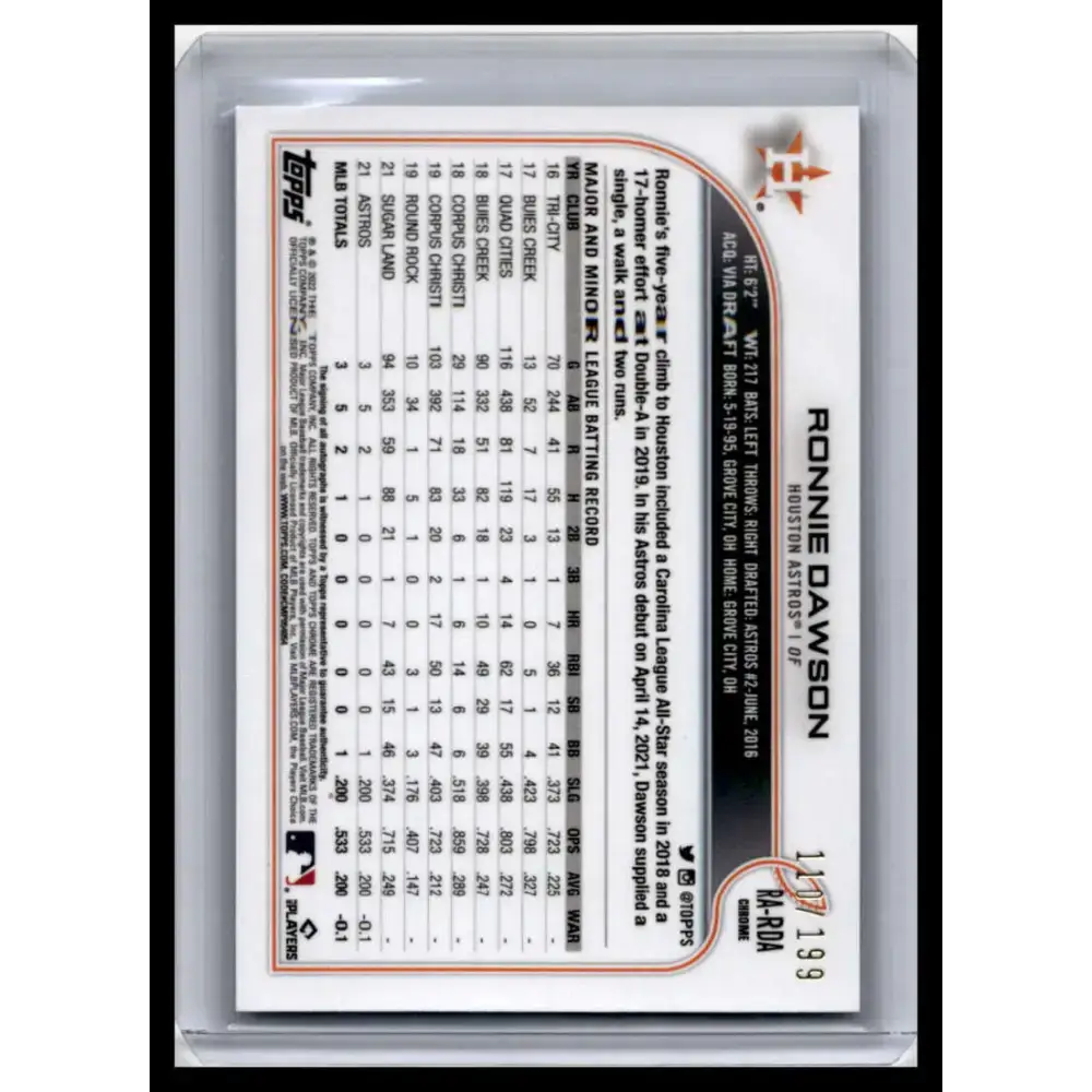 2022 Topps Chrome Auto #RA-RDA 110/199 Ronnie Dawson NM-MT Houston Astros Baseball Card - Baseball Card Single