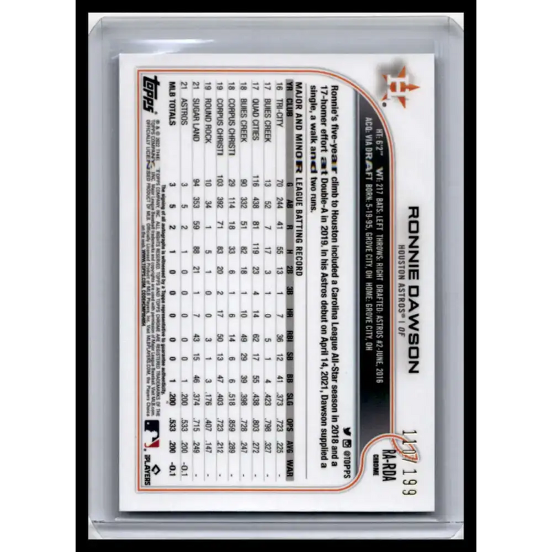 2022 Topps Chrome Auto #RA-RDA 110/199 Ronnie Dawson NM-MT Houston Astros Baseball Card - Baseball Card Single