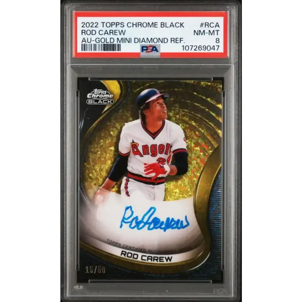 2022 Topps Chrome Black Autograph Refractor Gold Mini-Diamond #CBA-RCA Rod Carew PSA 8 NM-MT Auto 15/50 California