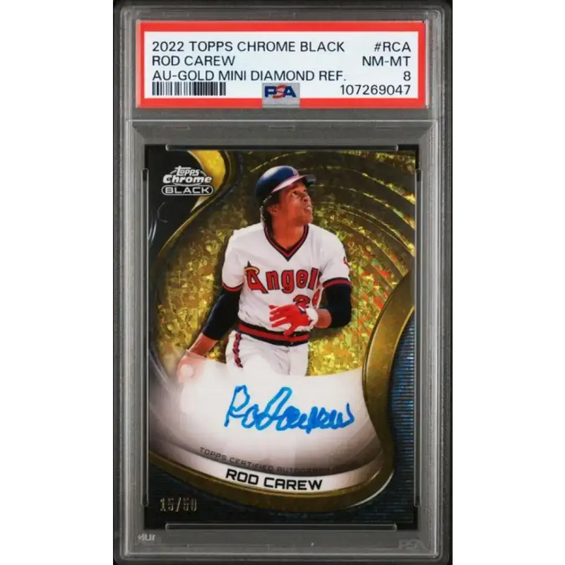 2022 Topps Chrome Black Autograph Refractor Gold Mini-Diamond #CBA-RCA Rod Carew PSA 8 NM-MT Auto 15/50 California