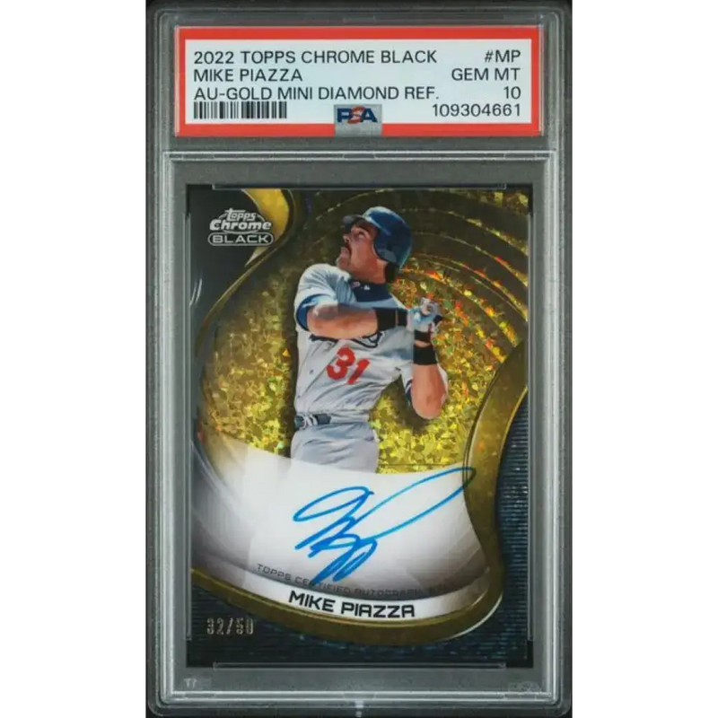 2022 Topps Chrome Black Autograph Refractor Gold Mini-Diamond #CBA-MP Mike Piazza PSA 10 GEM MINT Auto 32/50 Los