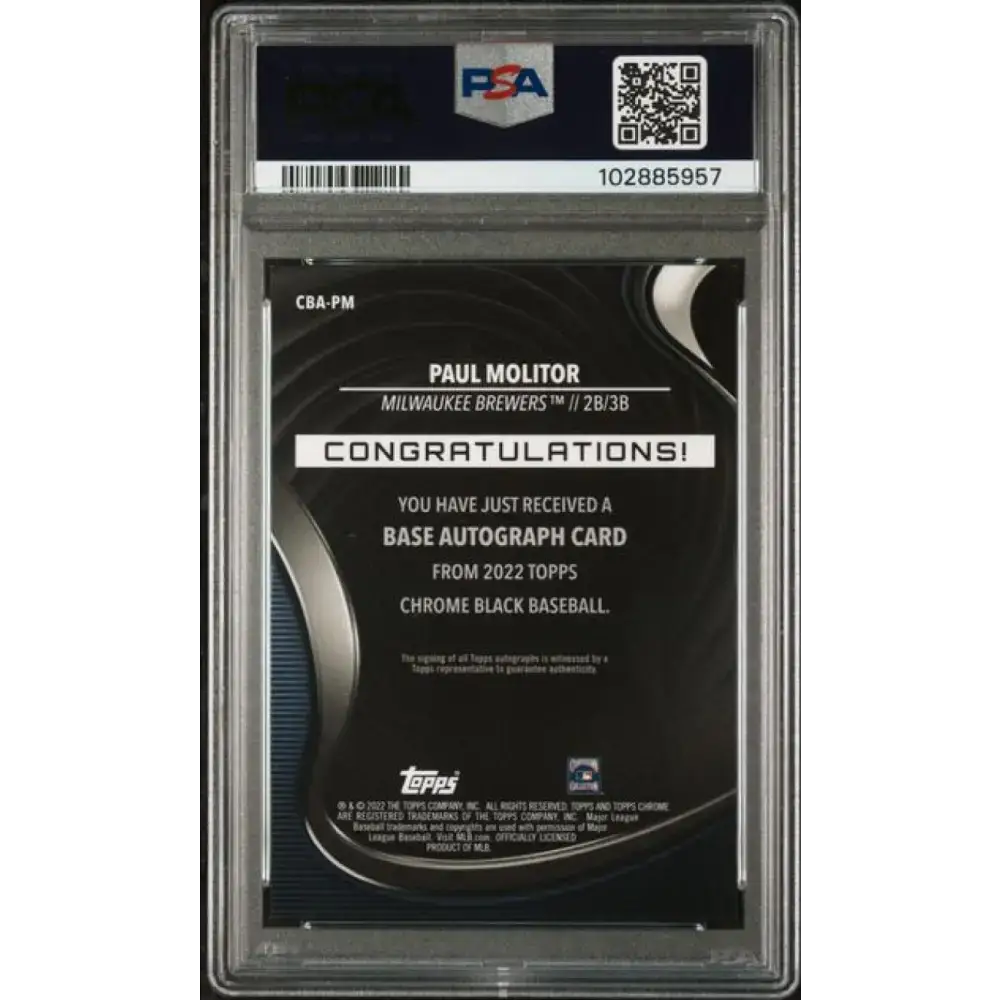 2022 Topps Chrome Black #CBA-PM Paul Molitor PSA 9 MINT Auto Milwaukee Brewers Baseball Card - Baseball Card Single