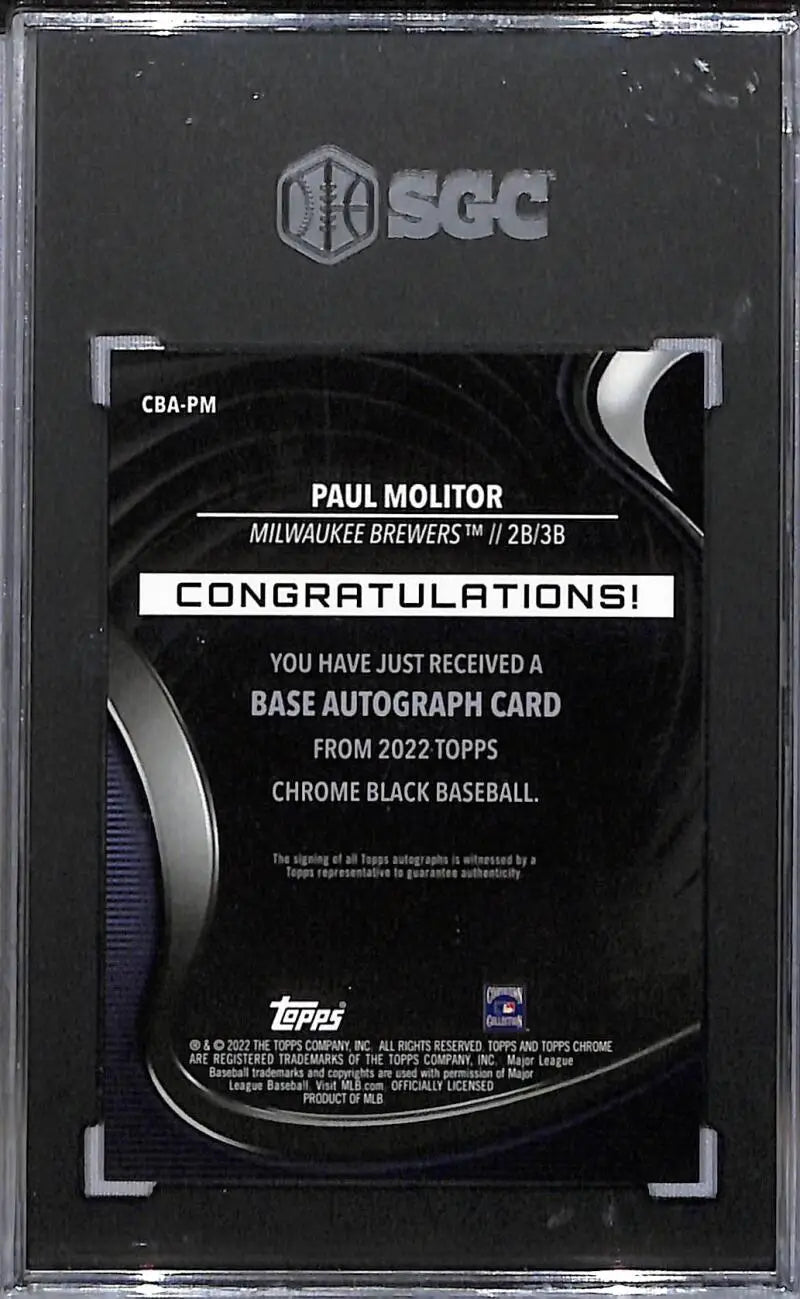 2022 Topps Chrome Black #CBA-PM Paul Molitor SGC 10 Gem Auto 147/150 Milwaukee Brewers