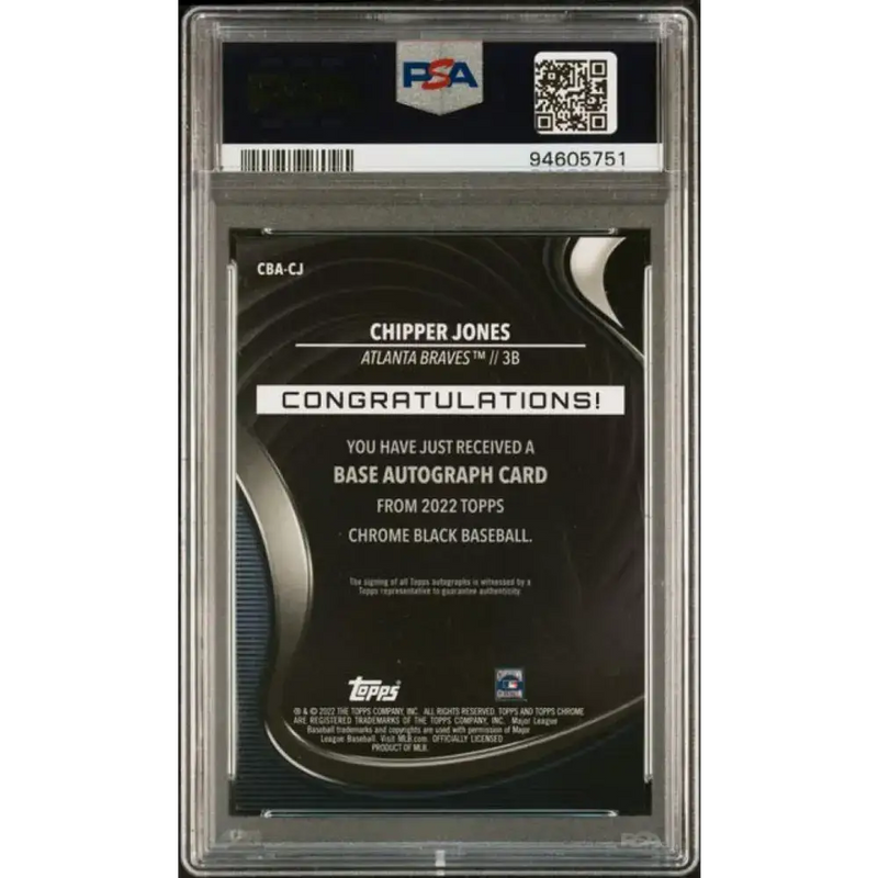 2022 Topps Chrome Black Refractor Gold #CBA-CJ Chipper Jones PSA 10 GEM MINT Auto 20/50 Atlanta Braves Baseball Card