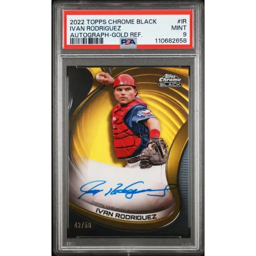 2022 Topps Chrome Black Refractor Gold #CBA-IR Ivan Rodriguez PSA 9 MINT Auto 42/50 Texas Rangers Baseball Card