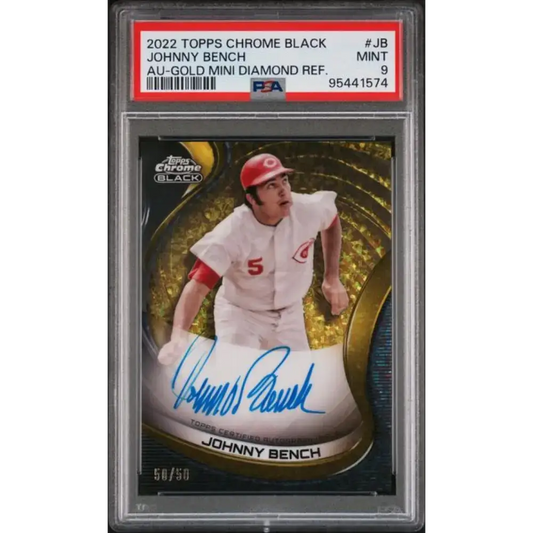 2022 Topps Chrome Black Refractor Gold Mini-Diamond #CBA-JB Johnny Bench PSA 9 MINT Auto 50/50 Cincinnati Reds Baseball