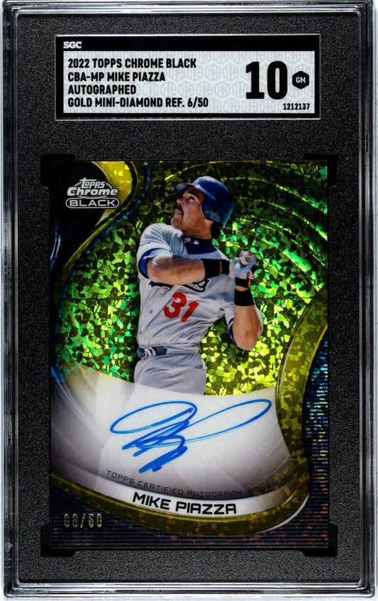 2022 Topps Chrome Black Refractor Gold Mini-Diamond #CBA-MP Mike Piazza SGC 10 Gem Auto 6/50 Los Angeles Dodgers