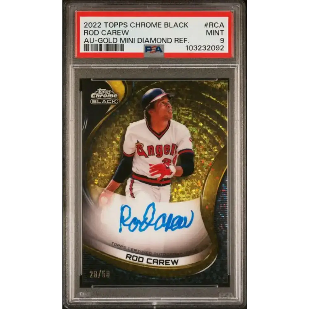2022 Topps Chrome Black Refractor Gold Mini-Diamond #CBA-RCA Rod Carew PSA 9 MINT Auto 28/50 California Angels Baseball