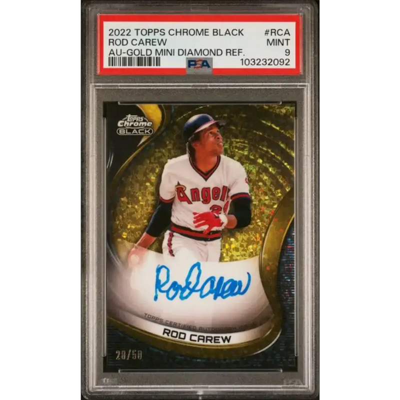 2022 Topps Chrome Black Refractor Gold Mini-Diamond #CBA-RCA Rod Carew PSA 9 MINT Auto 28/50 California Angels Baseball