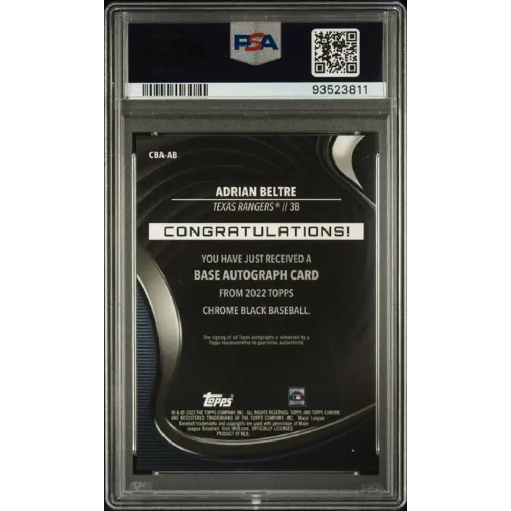 2022 Topps Chrome Black Refractor Orange #CBA-AB Adrian Beltre PSA 9 MINT Auto 2/25 Texas Rangers Baseball Card