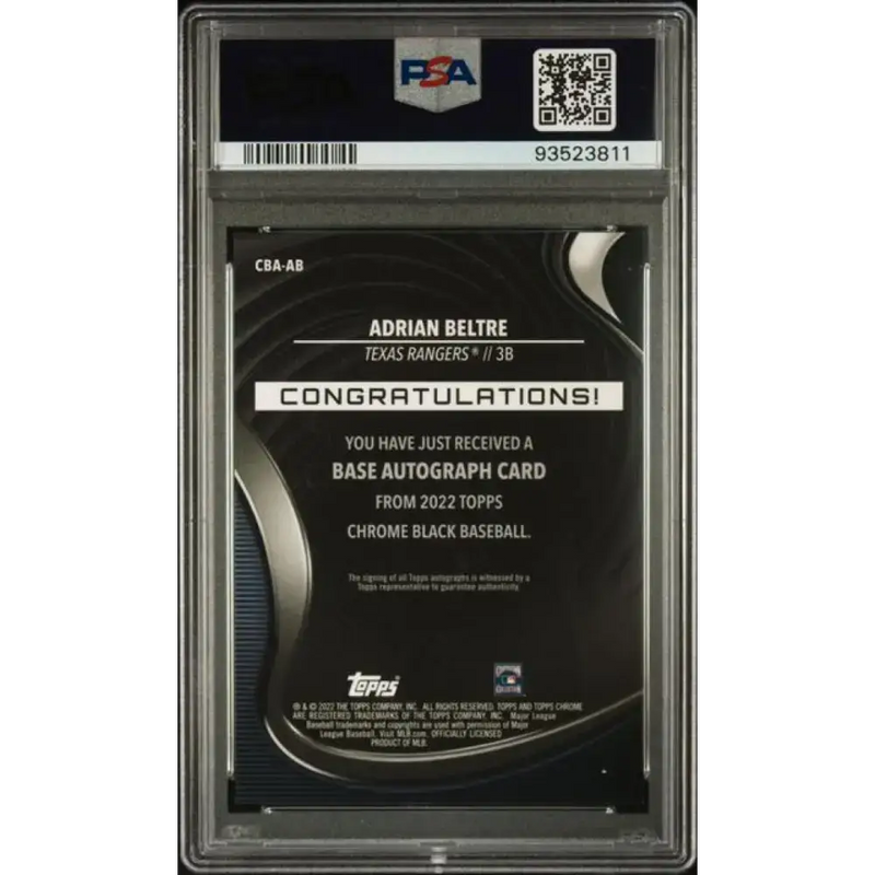2022 Topps Chrome Black Refractor Orange #CBA-AB Adrian Beltre PSA 9 MINT Auto 2/25 Texas Rangers Baseball Card