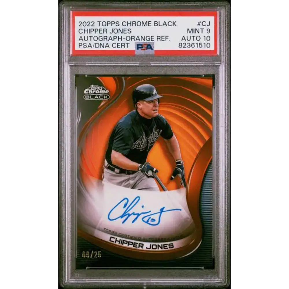 2022 Topps Chrome Black Refractor Orange #CBA-CJ Chipper Jones PSA 9 MINT Auto 9/25 Atlanta Braves Baseball Card