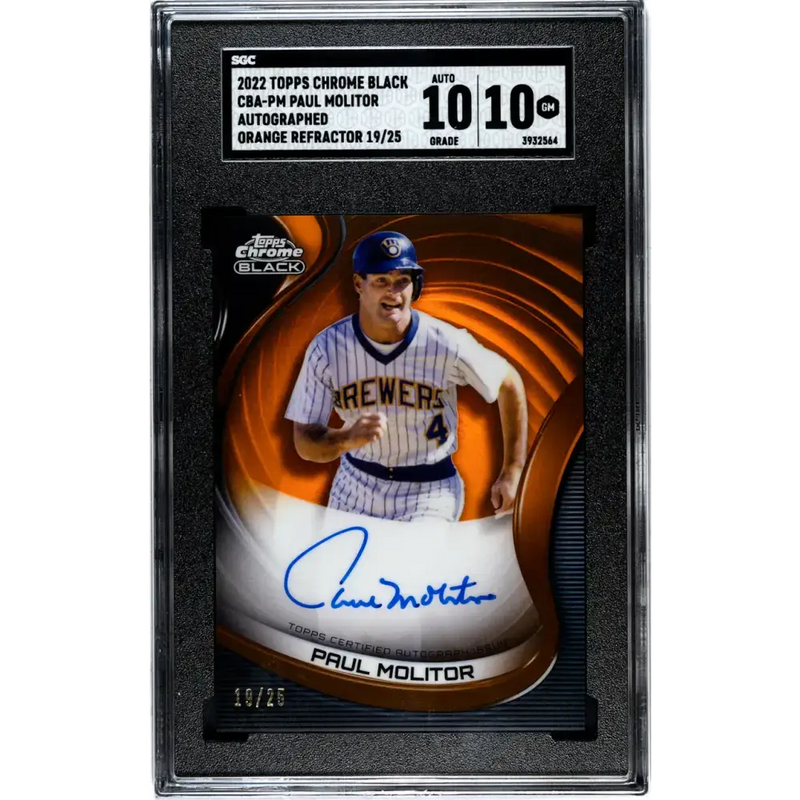 2022 Topps Chrome Black Refractor Orange #CBA-PM Paul Molitor SGC 10 Gem Auto 19/25 Milwaukee Brewers Baseball Card