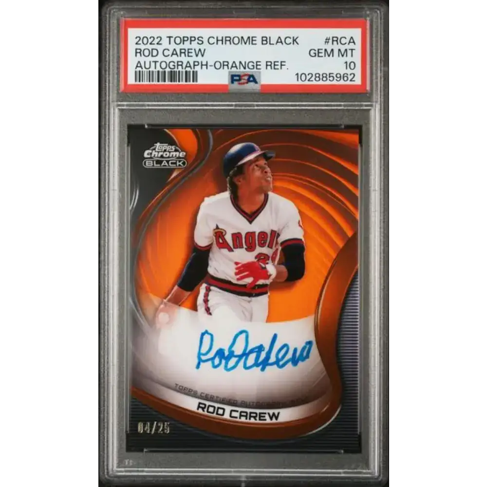 2022 Topps Chrome Black Refractor Orange #CBA-RCA Rod Carew PSA 10 GEM MINT Auto 4/25 California Angels Baseball Card
