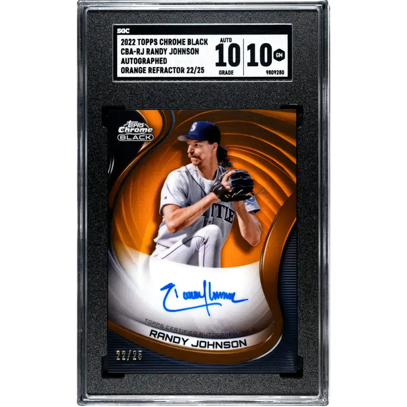 2022 Topps Chrome Black Refractor Orange #CBA-RJ Randy Johnson SGC 10 Gem Auto 22/25 Seattle Mariners Baseball Card