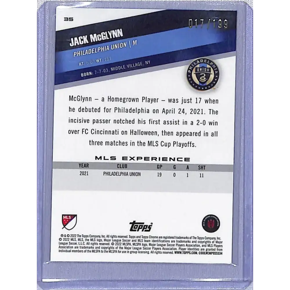 2022 Topps Chrome Blue Mini Diamond #35 Jack McGlynn NM-MT 017/199 Philadelphia Union - Soccer Card Single