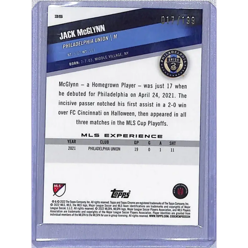 2022 Topps Chrome Blue Mini Diamond #35 Jack McGlynn NM-MT 017/199 Philadelphia Union - Soccer Card Single