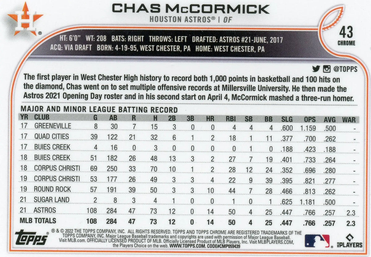 2022 Topps Chrome Chas McCormick #43 RC Houston Astros - Baseball Card Single