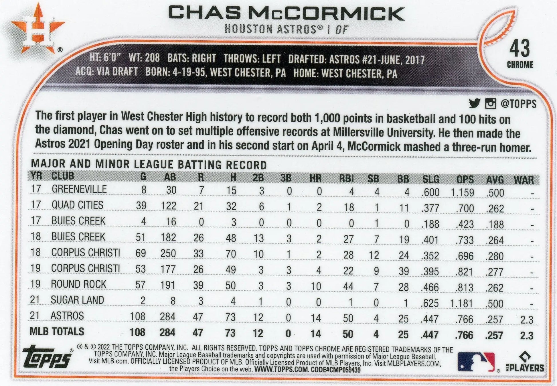 2022 Topps Chrome Chas McCormick #43 RC Houston Astros - Baseball Card Single
