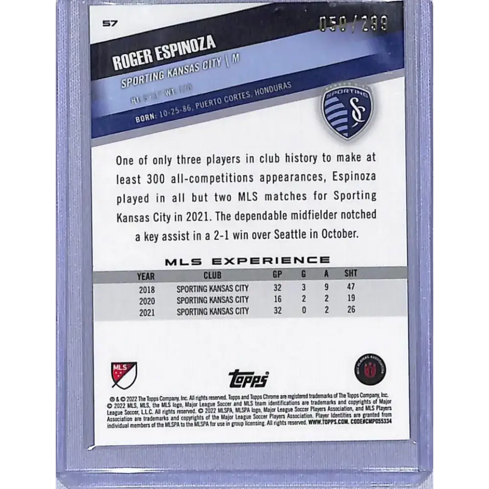 2022 Topps Chrome Cyan #57 Roger Espinoza NM-MT 050/299 Sporting Kansas City - Soccer Card Single