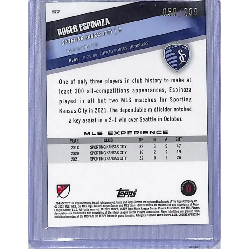 2022 Topps Chrome Cyan #57 Roger Espinoza NM-MT 050/299 Sporting Kansas City - Soccer Card Single