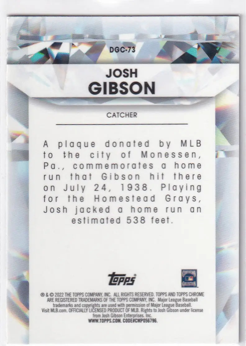 2022 TOPPS CHROME #DGC-73 JOSH GIBSON DIAMOND GREATS- NEW YORK YANKEES - Baseball Card Single