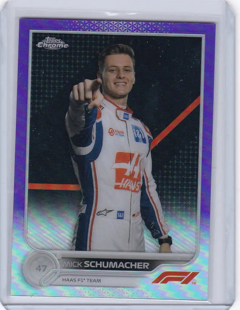 Mick Schumacher Purple card in white racing suit from Topps Chrome F1 Formula collection