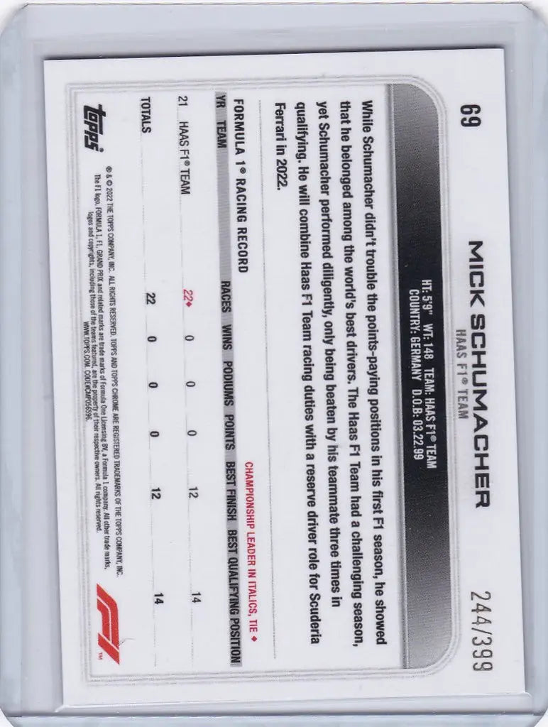 Mick Schumacher Purple statistics card from 2022 Topps Chrome F1 Formula One Racing