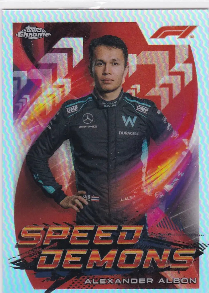 Racing driver trading card of Alxander Albon with Speed Demons graphics in Chrome F1 Formula