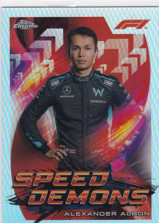 Racing driver trading card of Alxander Albon with Speed Demons graphics in Chrome F1 Formula