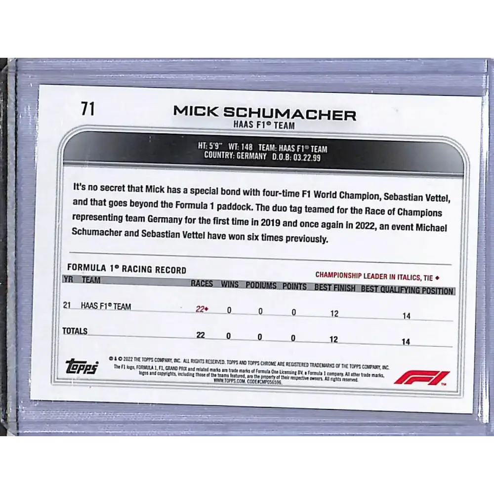 2022 Topps Chrome Formula 1 Gold #71 Mick Schumacher NM-MT HAAS