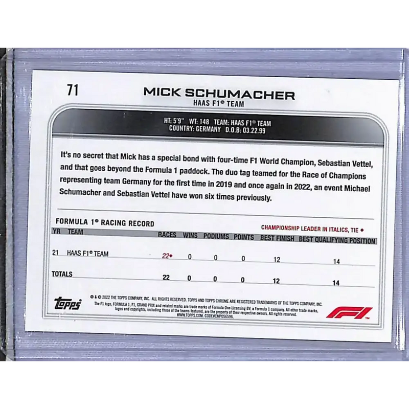 2022 Topps Chrome Formula 1 Gold #71 Mick Schumacher NM-MT HAAS