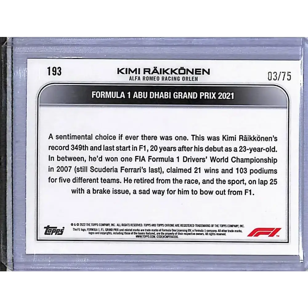 2022 Topps Chrome Formula 1 Pink Raywave #193 Kimi Raikkonen NM-MT 3/75 - Racing Card Single