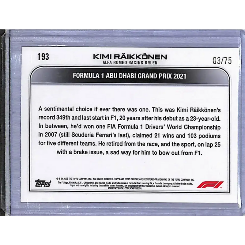 2022 Topps Chrome Formula 1 Pink Raywave #193 Kimi Raikkonen NM-MT 3/75 - Racing Card Single