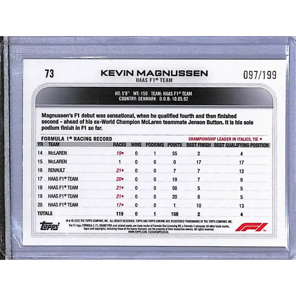 2022 Topps Chrome Formula 1 Purple Checker Flag #73 Kevin Magnussen NM-MT 97/199 - Racing Card Single