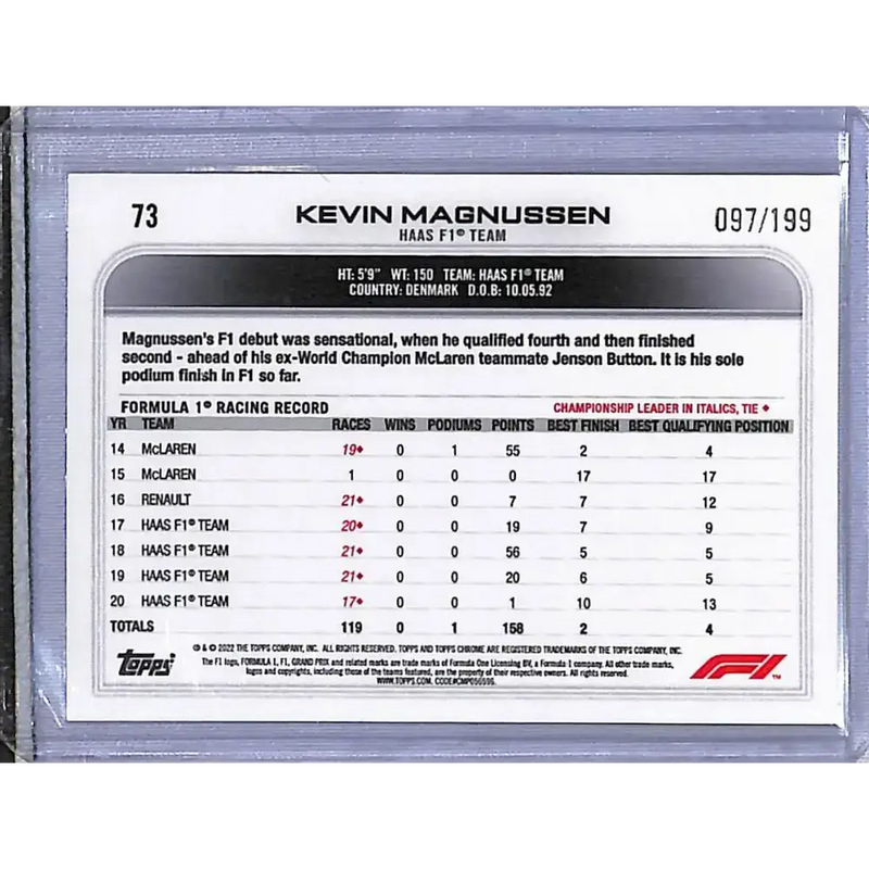 2022 Topps Chrome Formula 1 Purple Checker Flag #73 Kevin Magnussen NM-MT 97/199 - Racing Card Single