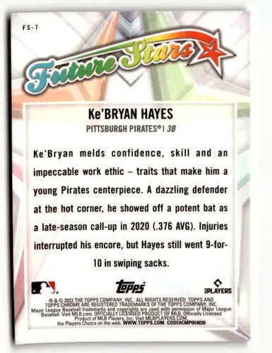 Baseball card back from 2022 Topps Chrome Future Stars Refractor Ke’Bryan Hayes