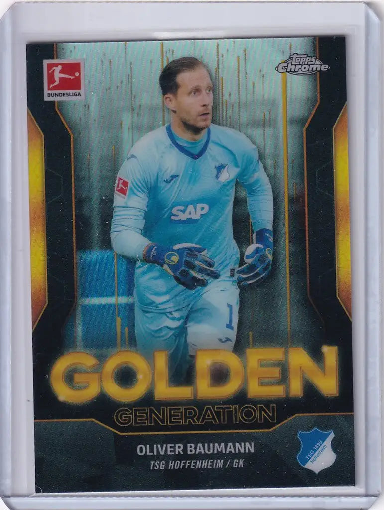 Soccer trading card of Oliver Baumann in light blue for Topps Chrome Golden Generation